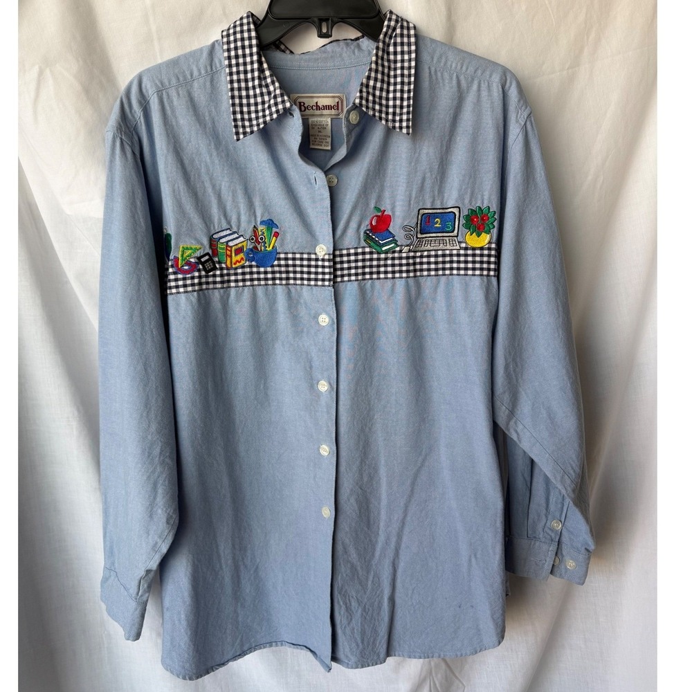 100% Cotton Y2K Bechamel Button Down Shirt Blue Embroidered School Teacher XL
